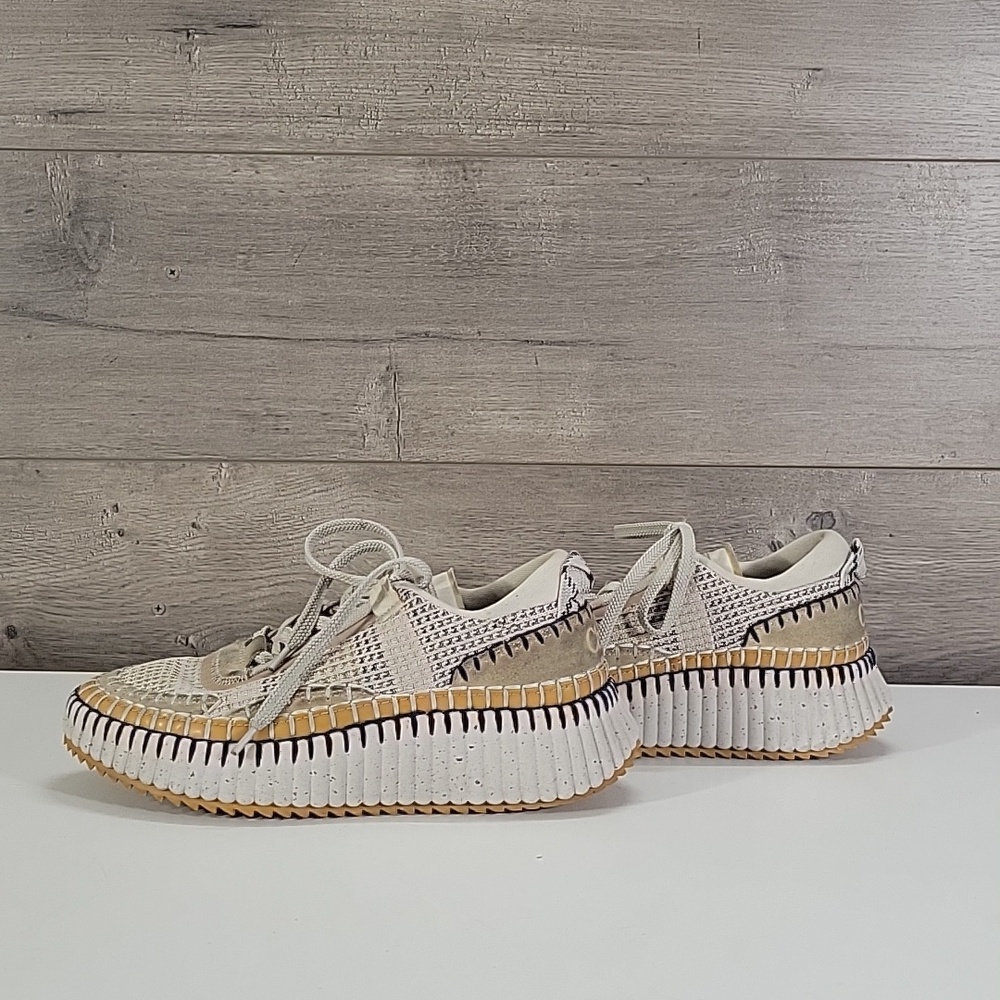 Chloe Nama Platform Beige Knit Sneakers Sz 37 7 - Picture 10 of 16